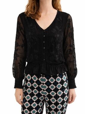 Anthro Black Sheer Embroidered Blouse | Boho Romantic Top XS
